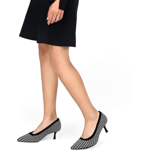 Women's Black & White Pumps 2 inch Kitten Heel Pointed Toe Low Heel Dress Shoes - Picture 6 of 7